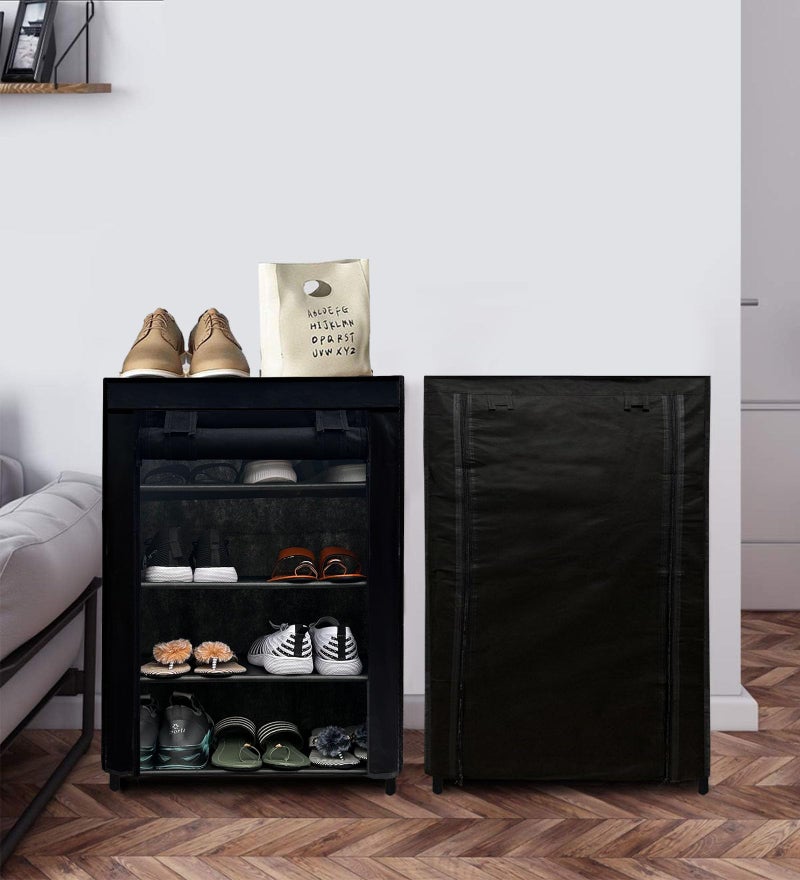 ROBMOB 4 Tier Metal Shoe Rack Collapsible Shoe Organiser with Adjustable Shelves Space Saving Lightweight Racks Foldable Sneaker Footwear Best For Men, Women, Boots, Slippers (Black) - Image 1