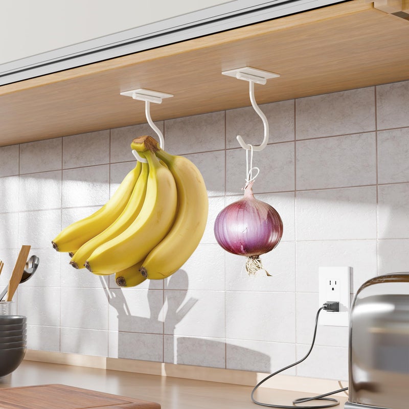 bussdis Banana Hook Under Cabinet White - Adhesive Banana Hanger Under Counter, Metal Banana Holder Stand for Hanging Bananas or Kitchen Utensil, Keeps Bananas Fresh, 1 Pack - Image 2
