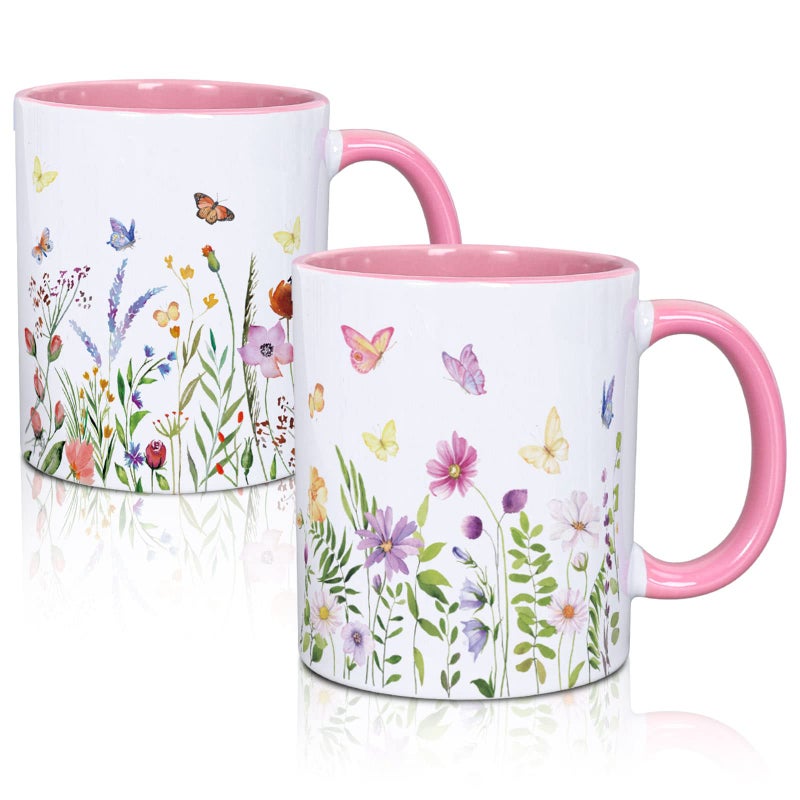 Whaline 2Pcs Floral Mug with Handle 12oz Wildflower Butterfly Coffee Mug Spring Summer Gift Cup for Family Friends Birthday Dinner Table Decoration Coffee Lover