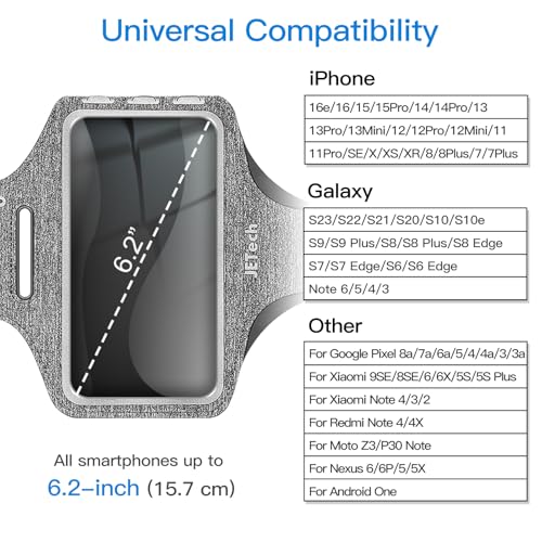 JETech Phone Armband Holder with Key Holder and Card Slot for Phone Upto 62 inch iPhone 16e1615 Pro1514 Pro1413 Pro13 Galaxy S23S22 Pixel 8a Water Resistant Adjustable Band Grey - Image 3