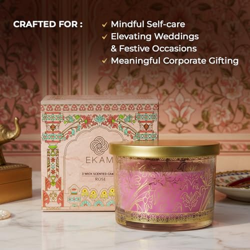 EKAM 2025–26 Festive Fragrance Gift| Scented 3 Wick Candle| Rose | Inspired by Pink Haveli | 28-Hour Burn | Essential Oil Infused | Gift Box for Diwali & Celebrations - Image 3