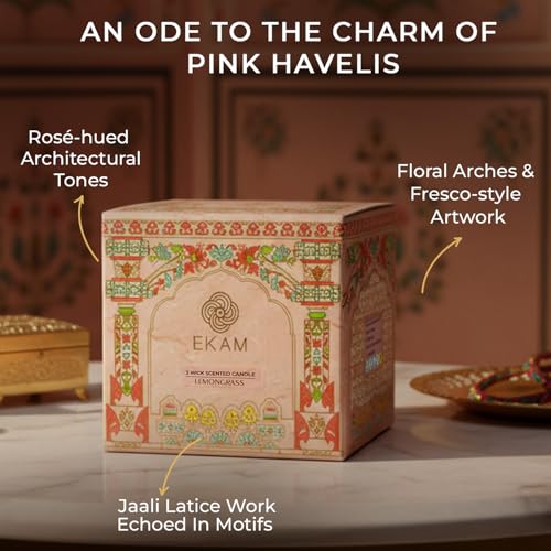 EKAM 2025–26 Festive Fragrance Gift| Scented 3 Wick Candle| Rose | Inspired by Pink Haveli | 28-Hour Burn | Essential Oil Infused | Gift Box for Diwali & Celebrations - Image 4