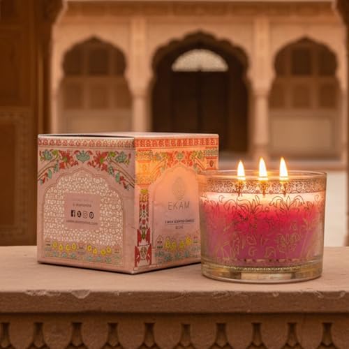 EKAM 2025–26 Festive Fragrance Gift| Scented 3 Wick Candle| Rose | Inspired by Pink Haveli | 28-Hour Burn | Essential Oil Infused | Gift Box for Diwali & Celebrations - Image 2