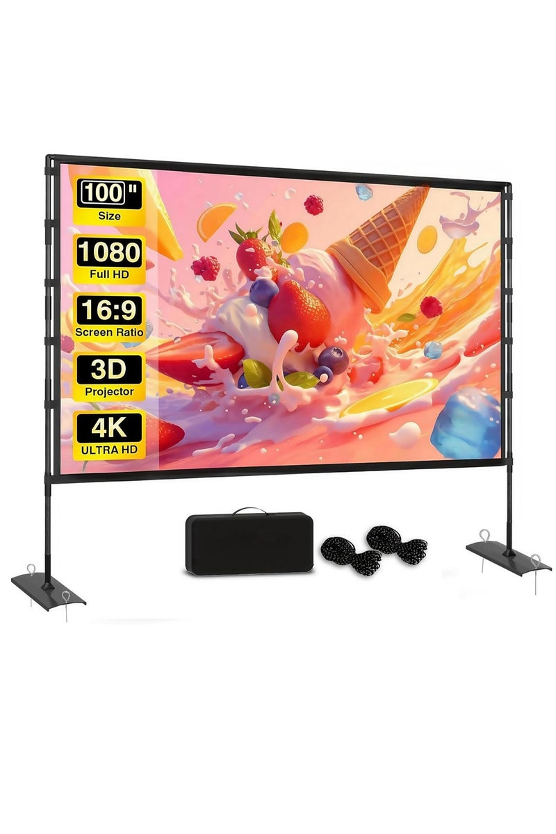 FlashHawk 100inch Portable Projector Screen and Stand - 16:9 4K HD Projections Screen with Carry Bag for Indoor Outdoor Home Theater Backyard Cinema Camping  - Image 1