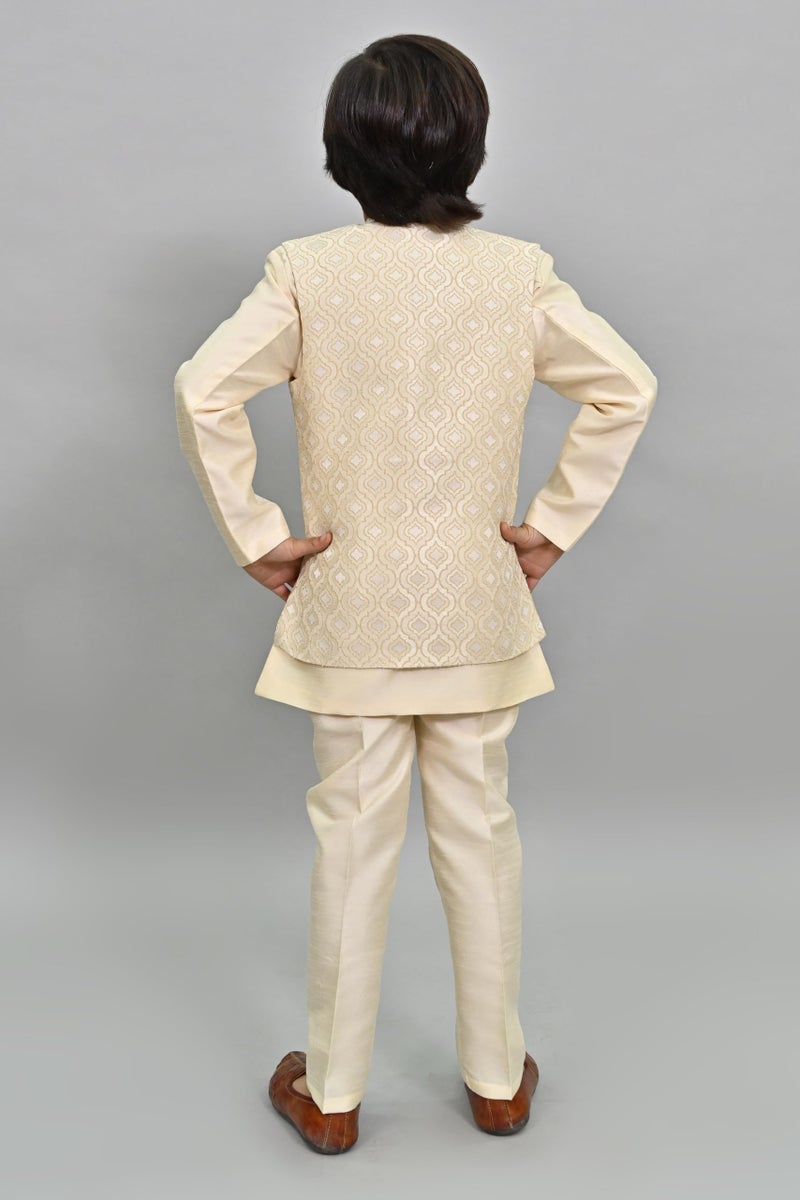 AHHAAAA Kids Indian Ethnic Velvet Solid Waistcoat Silk Kurta Pyjama Set Bollywood Style Wedding Ethnic for Boys (Cream, 10-11 Years) - Image 3