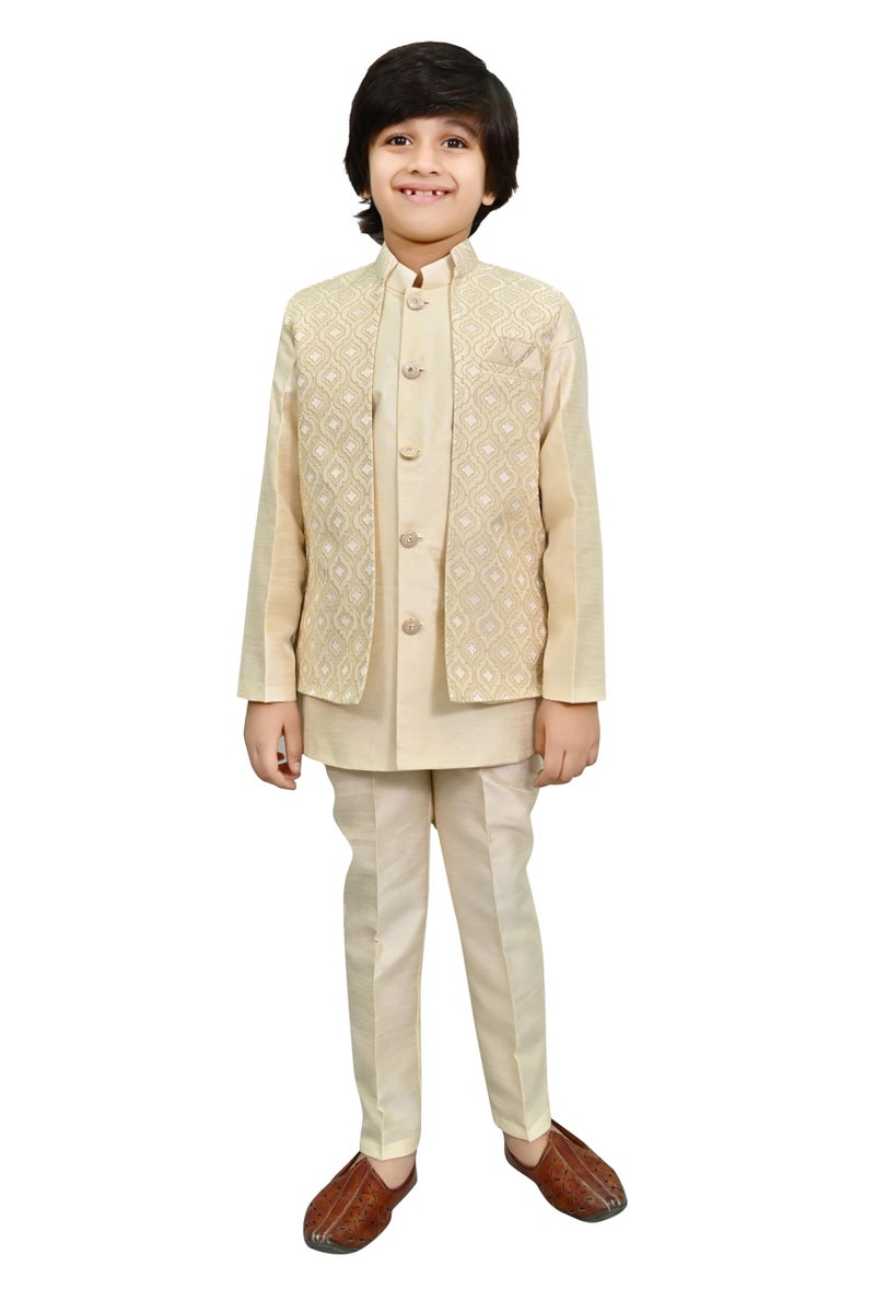 AHHAAAA Kids Indian Ethnic Velvet Solid Waistcoat Silk Kurta Pyjama Set Bollywood Style Wedding Ethnic for Boys (Cream, 10-11 Years) - Image 1