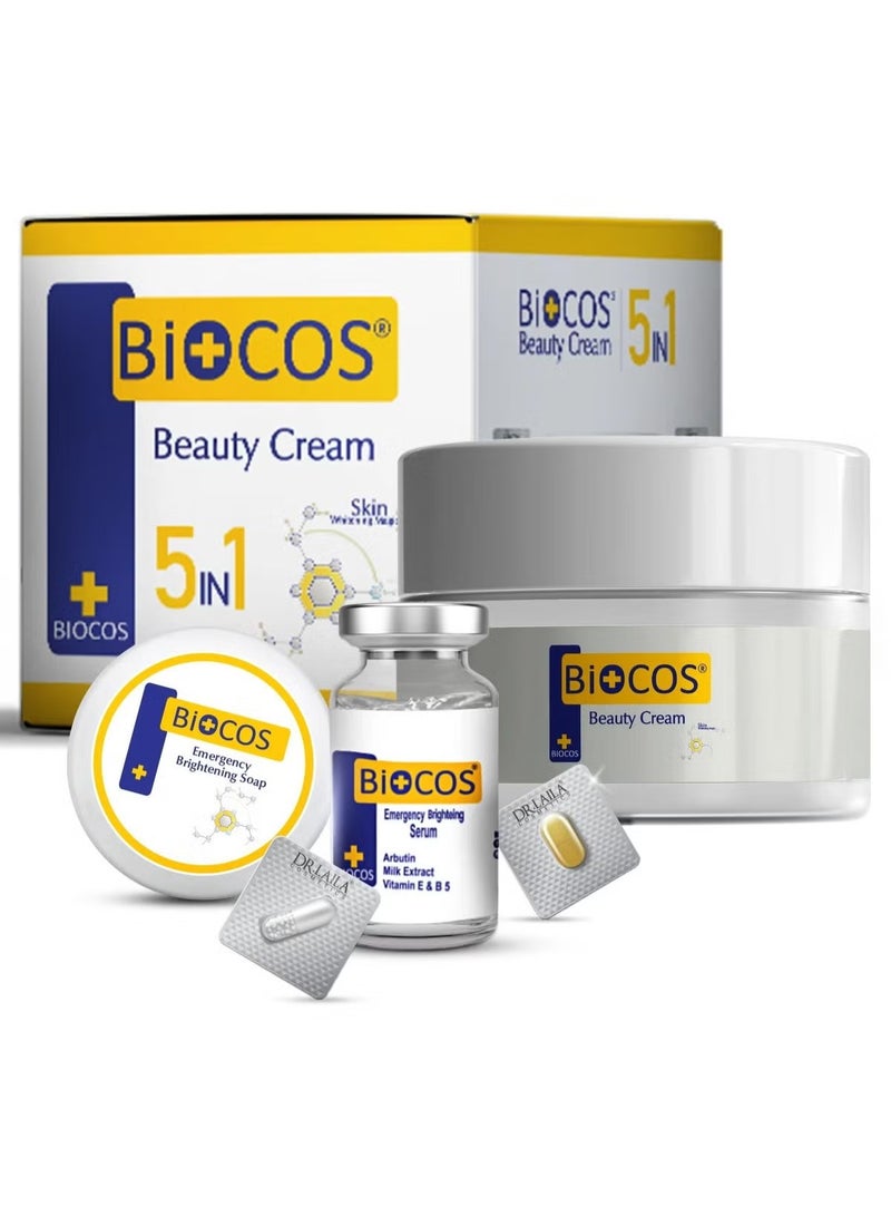 BIOCOS 5-in-1 Beauty Cream - Anti-aging Brightening And Deep Hydrating Formula Enriched With Arbutin Vitamin E, B5, Kojic Acid, Serum, And Beauty Soap - Pack of 3 - Image 2