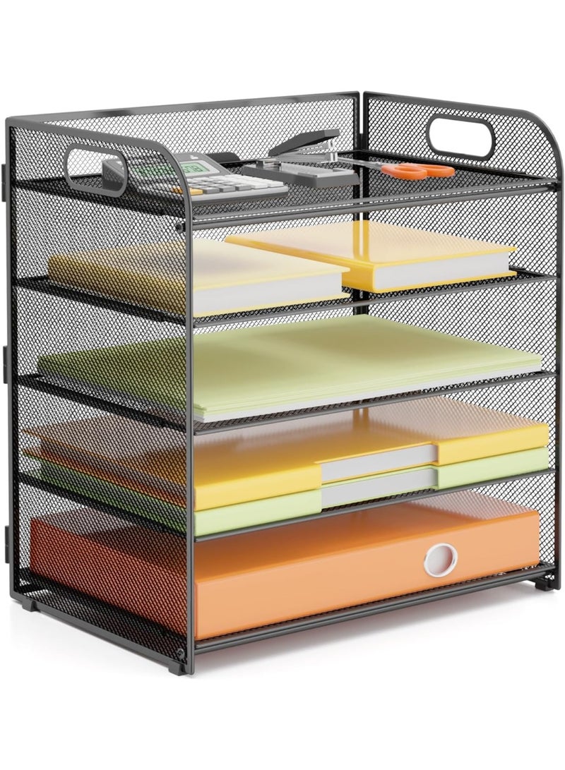 HOOKOR Letter Tray Paper Organizer 5-Tier Desk File Organizer with Handle, Desktop Organizer Black Metal Desktop Shelf Organizer for Office Supplies, School, Home - Image 1