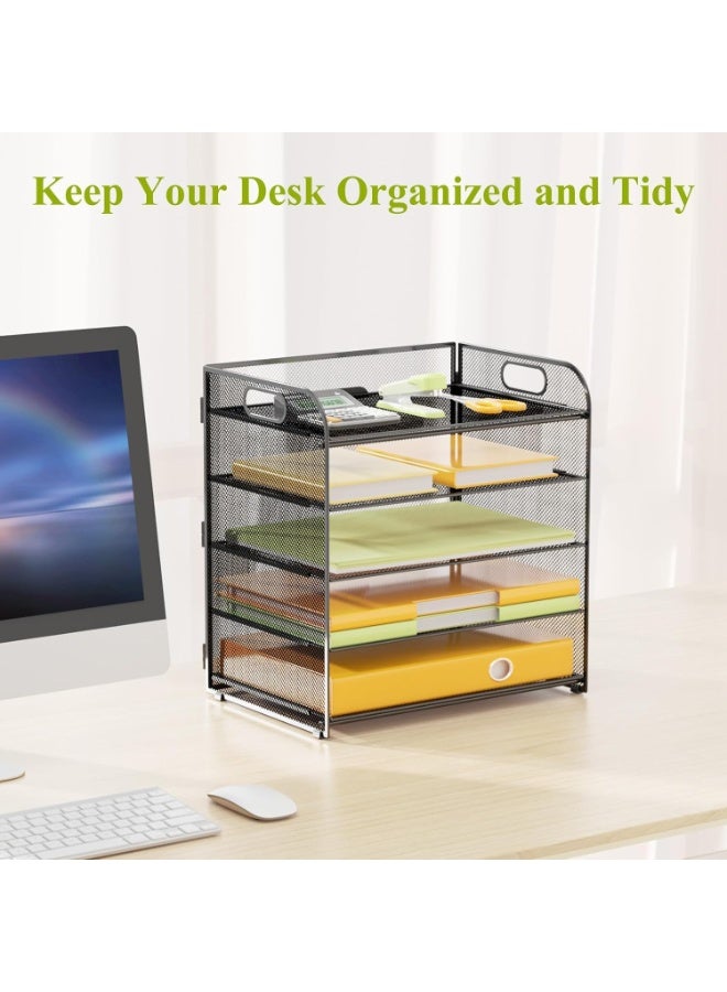 HOOKOR Letter Tray Paper Organizer 5-Tier Desk File Organizer with Handle, Desktop Organizer Black Metal Desktop Shelf Organizer for Office Supplies, School, Home - Image 2