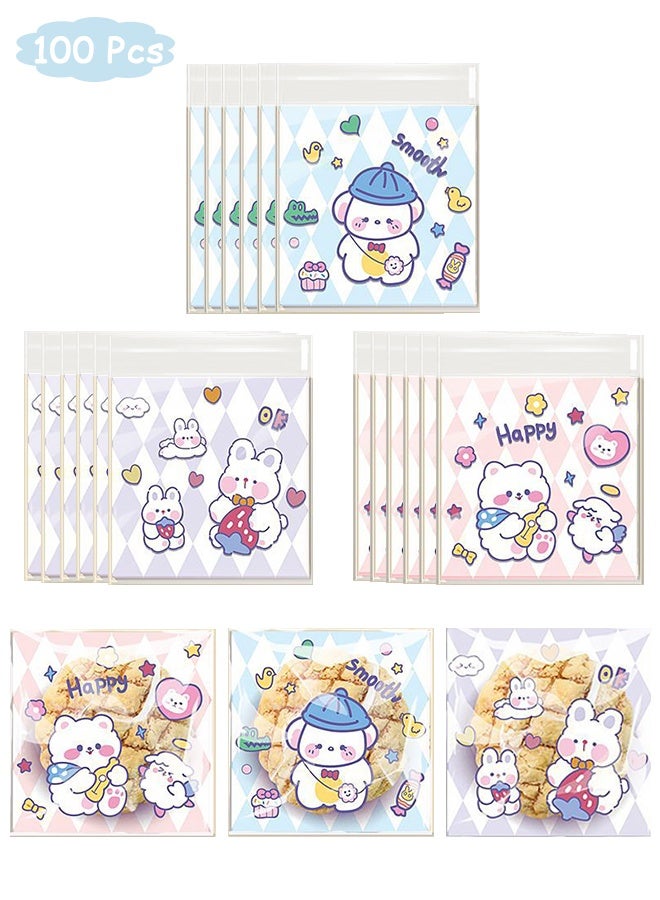Quantum 100 Pcs Cute Resealable Cartoon Plastic Food Bags, Self-Sealing Cute Little Bear Bunny Cookie Bags, Resealable Cookie Snack Cellophane Bags, Plastic Bags for Baking Cookies and Candies - Image 1