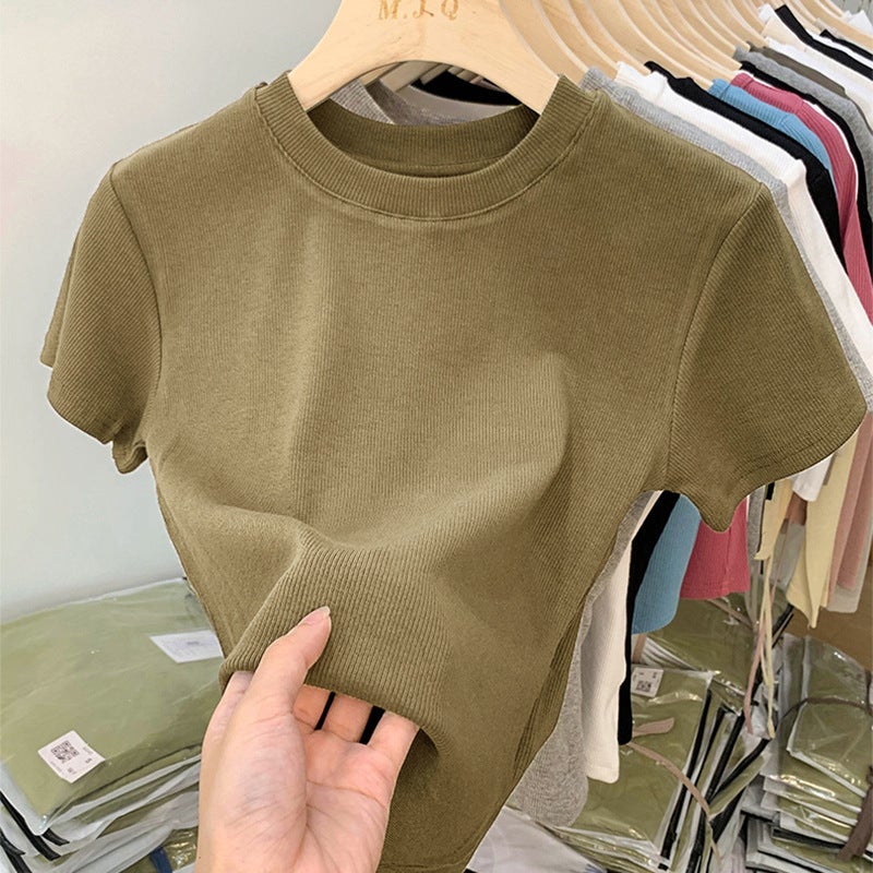 TikTok Quality American Style Back Bag Collar T-Shirt Womens Shoulder Short Sleeve European New Slimming Cotton Stacked Base Top YXQ#888# khaki - Image 1
