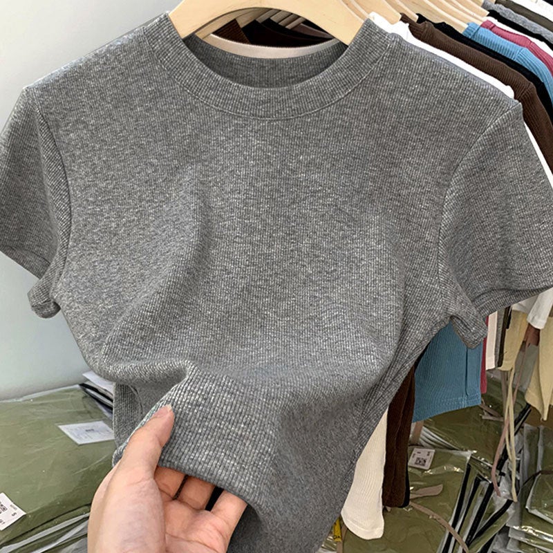 TikTok Quality American Style Back Bag Collar T-Shirt Womens Shoulder Short Sleeve European New Slimming Cotton Stacked Base Top YXQ#888# khaki - Image 2