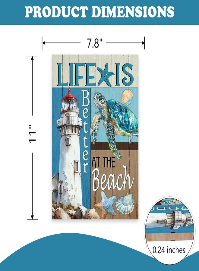 Bolisom Nautical Life is Better at The Beach Front Door Sign, Summer Coastal Lighthouse Sea Turtle Wood Plaque Hanger Outdoor Home Decor, Ocean Farmhouse Wooden Wreath Indoor Wall Hanging Decoration - Image 2