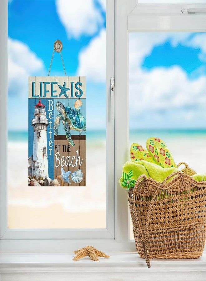 Bolisom Nautical Life is Better at The Beach Front Door Sign, Summer Coastal Lighthouse Sea Turtle Wood Plaque Hanger Outdoor Home Decor, Ocean Farmhouse Wooden Wreath Indoor Wall Hanging Decoration - Image 5