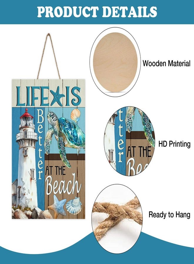 Bolisom Nautical Life is Better at The Beach Front Door Sign, Summer Coastal Lighthouse Sea Turtle Wood Plaque Hanger Outdoor Home Decor, Ocean Farmhouse Wooden Wreath Indoor Wall Hanging Decoration - Image 3