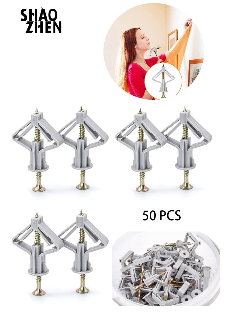 SHAOZHEN 50 Pieces Wall Anchor Kit, Hollow Wall Anchors with Screws Self Drilling, Hollow Wall Anchor for Drywall Plasterboard Butterfly Type Expansion Anchors with Screws, Nylon - Image 1