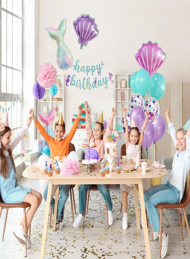 Dokuna Mermaid Birthday Decorations-Balloons, Banner, Cake Topper, Cupcake Toppers, Pom Pom Flower, Hanging swirl, Mermaid Garland for Girl’s Birthday Party Decorations - Image 2