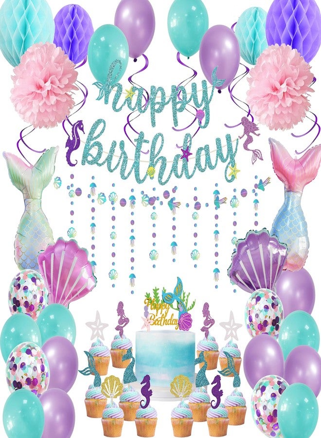 Dokuna Mermaid Birthday Decorations-Balloons, Banner, Cake Topper, Cupcake Toppers, Pom Pom Flower, Hanging swirl, Mermaid Garland for Girl’s Birthday Party Decorations - Image 1
