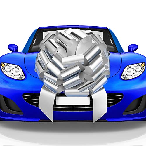 Mata1-USA - Huge Car Bow - Silver, 23 Inch - Big Gift Wrapping Bow for Large Gift Decoration - Giant Size for Indoor & Outdoor Use - 26 Loops & 4 Stickers - Image 1