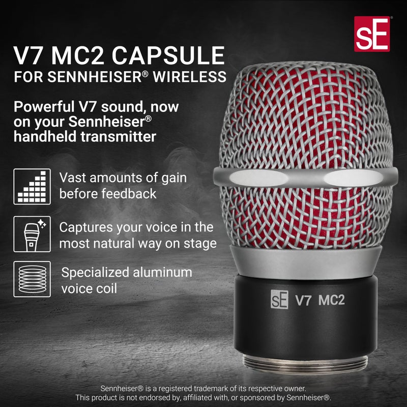 SE ELECTRONICS V7 MC2 Wireless Microphone Capsule - Compatible with Sennheiser Wireless Transmitters - Professional Dynamic Microphone for Singing, Speech & Music Studio Recording (Grey) - Image 2