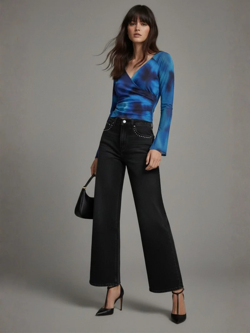 Outzidr  Blue Printed Mesh Wrap Top With Bell Sleeves for Women | Best Price UAE
