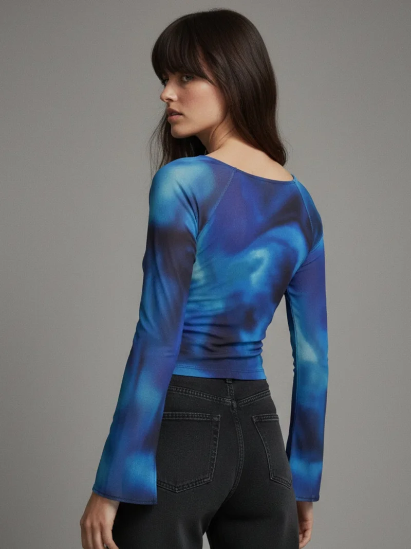 Outzidr  Blue Printed Mesh Wrap Top With Bell Sleeves for Women | Best Price UAE