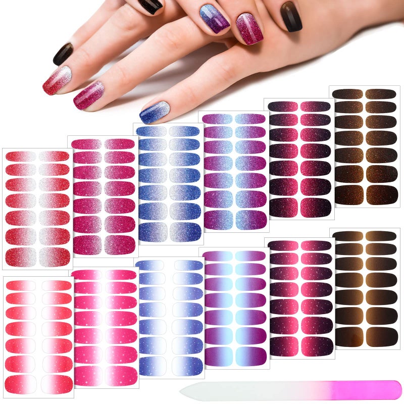 Maitys 168 Pcs 12 Sheets Full Wrap Nail Stickers Polish Strips Gradient Stickers Glitter Self Adhesive DIY Gel Nail Strips Decals with Fingernail Files for Women Holiday DecorExquisite Style - Image 3