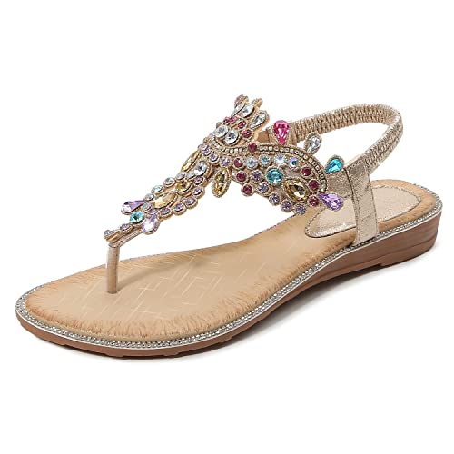 iCKER Women Rhinestone Sandals T-Strap Buckle Bohemian Pearl Crystal Flat Sandals-PD01-Gold-10 - Image 1