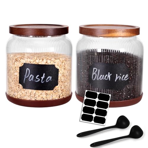 SAIOOL 2-Pack Striped Borosilicate Glass Airtight Canisters - Big mouth Large Capacity, Acacia Wood Lid, Food Storage Jars for Flour, Pasta, Pantry Organization (1/2 Gallon （Striped 2 pack）) - Image 1