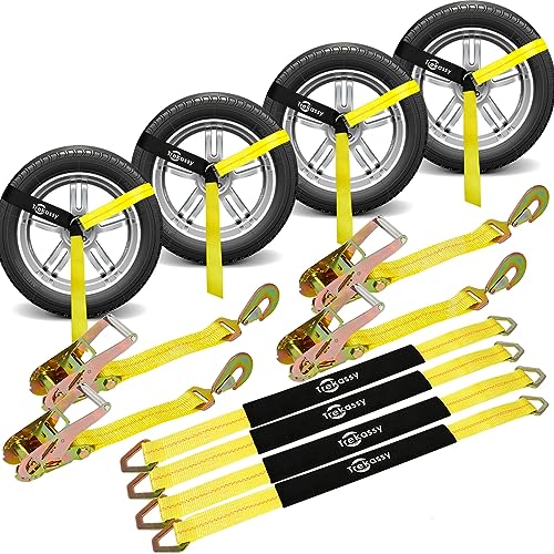 Trekassy 2in x 12ft Car Tie Down Straps for Trailers Heavy Duty 10000lbs Break Strength 4 Pack Steel Ratchet 4 Adjustable Car Hauler Straps 4 Axle Straps