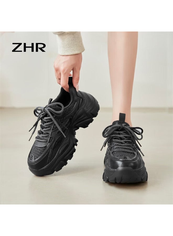 Zhr Women's Chunky Sneakers Spring Autumn Small Fragrance Style Thick-soled Casual Shoes Women's Sports Height-increasing Shoes G620f Black 37 - Image 1