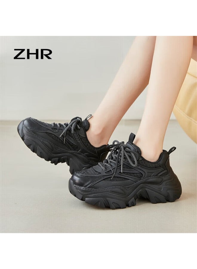 Zhr Women's Chunky Sneakers Spring Autumn Small Fragrance Style Thick-soled Casual Shoes Women's Sports Height-increasing Shoes G620f Black 37 - Image 4