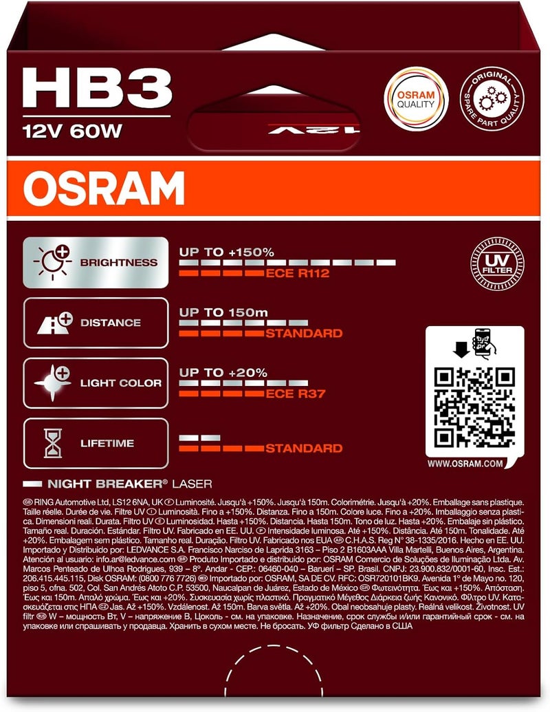 OSRAM NIGHT BREAKER LASER HB3 Halogen Headlamp Duo Box (2 Lamps) - 150% More Brightness - Image 4