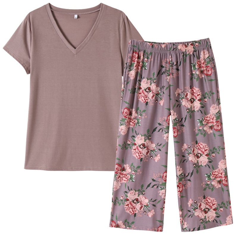 Vozanet Women's V Neck Sexy Pajama Sets Capri Sleepwear Floral Elegant Nighty 2PCS Plus Size S-3XL, Florals-Brown, X-Large - Image 1