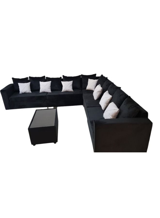 Maharat Al Bahar Title: L-Shaped Diwan Sofa Set with Black Table & White Pillows, 7 Seater - 280x80x80  - Image 1