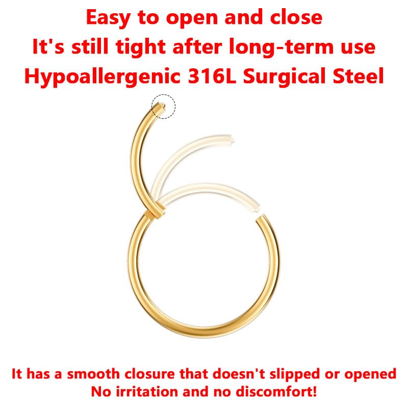 AMASIS 2Pcs 20Gauge Gold Silver Nose Rings Hoops - Men Women 316L Surgical Steel Hinged Nose Ring Hoop for Nostril Septum Cartilage Helix Daith Tragus Rook Conch Lip Ear Lobe Piercings - Image 4