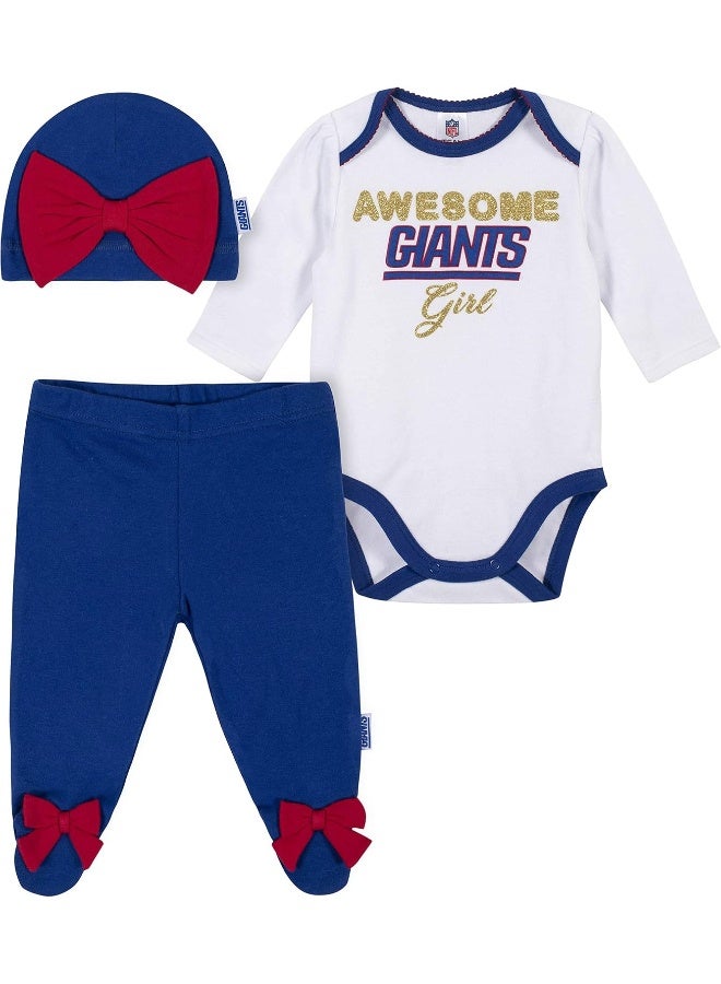 Gerber NFL Baby Girls 3 Pack Bodysuit Footed Pant and Cap Registry Gift Set  - Image 1