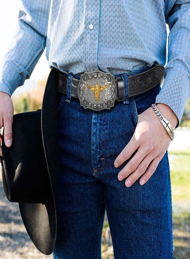 Mealah Men-Women-Western-Cowboy-Belt PU-Leather Floral Engraved-Bull-Buckle-Belts for Jeans (for 25" to 38" Waist) - Image 5