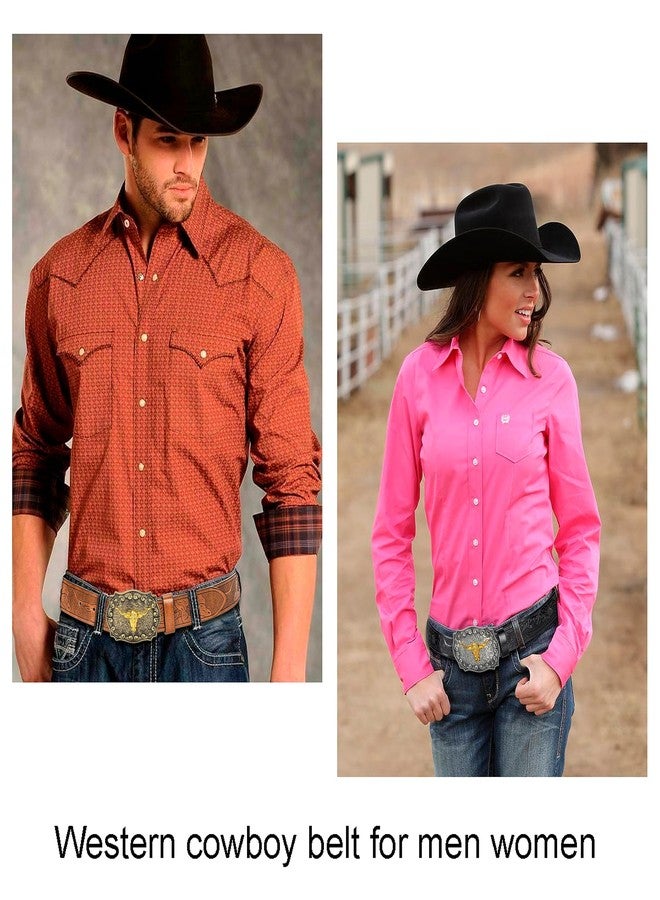 Mealah Men-Women-Western-Cowboy-Belt PU-Leather Floral Engraved-Bull-Buckle-Belts for Jeans (for 25" to 38" Waist) - Image 3
