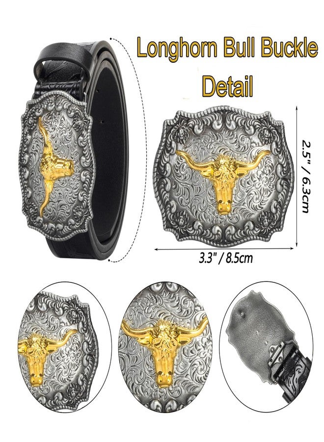 Mealah Men-Women-Western-Cowboy-Belt PU-Leather Floral Engraved-Bull-Buckle-Belts for Jeans (for 25" to 38" Waist) - Image 4
