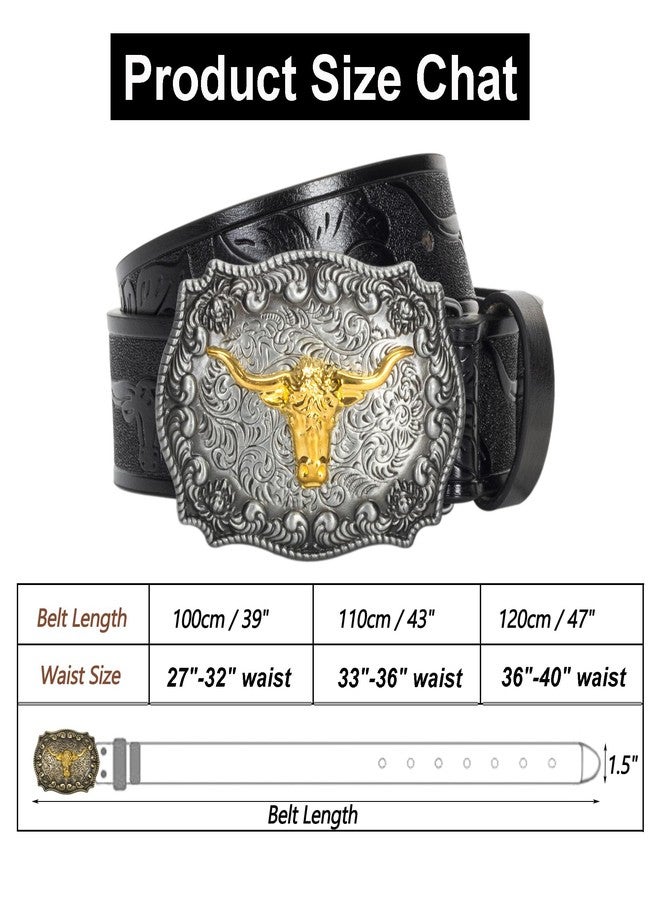 Mealah Men-Women-Western-Cowboy-Belt PU-Leather Floral Engraved-Bull-Buckle-Belts for Jeans (for 25" to 38" Waist) - Image 2