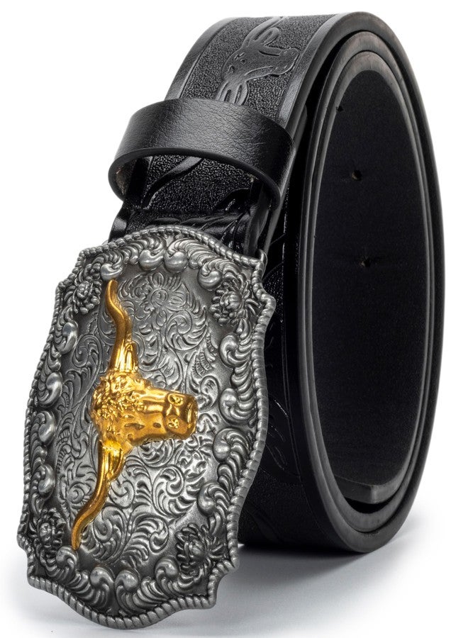 Mealah Men-Women-Western-Cowboy-Belt PU-Leather Floral Engraved-Bull-Buckle-Belts for Jeans (for 25" to 38" Waist) - Image 1