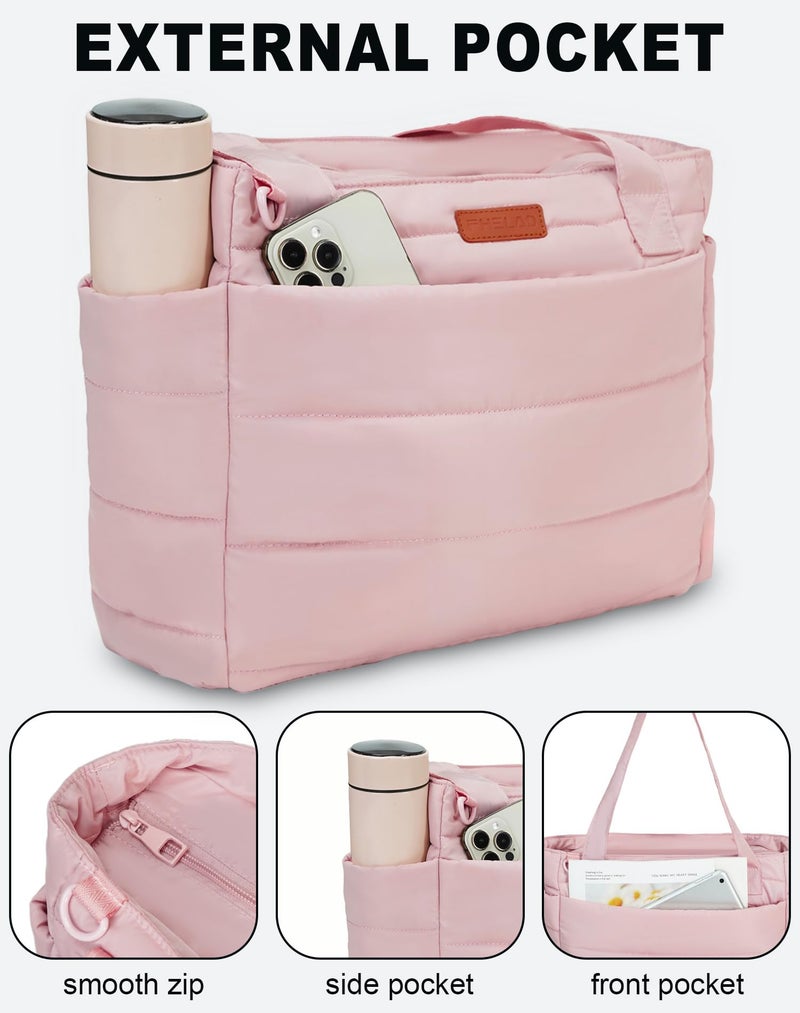 FHELAD Puffer Tote Bag for Women, Large Quilted Puffer Work Tote Bag with Zipper & Cup Holder for Nurse Teacher, Lightweight Travel Puffy Shoulder Bag for Clinical Gym (Pink Tote Bag) - Image 3