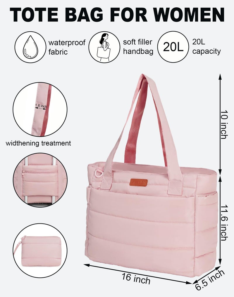 FHELAD Puffer Tote Bag for Women, Large Quilted Puffer Work Tote Bag with Zipper & Cup Holder for Nurse Teacher, Lightweight Travel Puffy Shoulder Bag for Clinical Gym (Pink Tote Bag) - Image 5