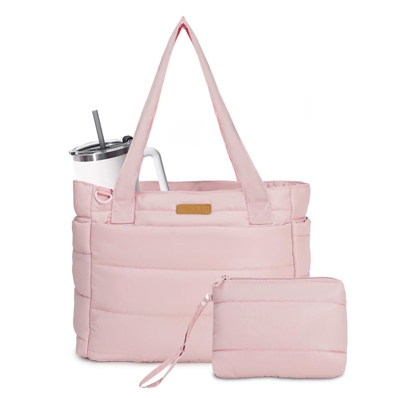 FHELAD Puffer Tote Bag for Women, Large Quilted Puffer Work Tote Bag with Zipper & Cup Holder for Nurse Teacher, Lightweight Travel Puffy Shoulder Bag for Clinical Gym (Pink Tote Bag) - Image 1