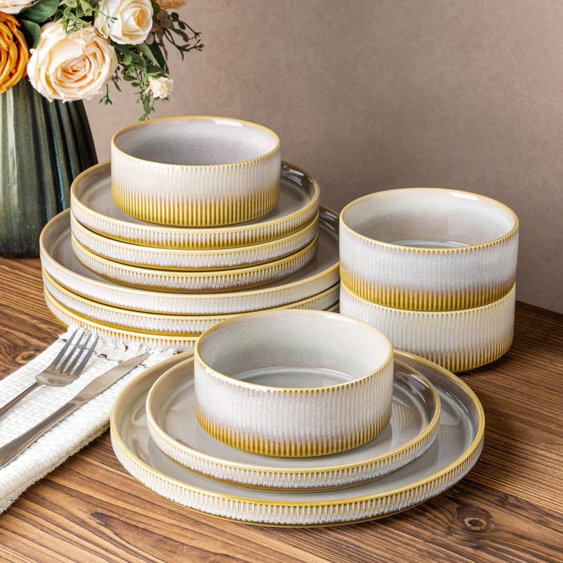TheTerra Ceramic Dinnerware Sets for 4, 12 Pieces Porcelain Lightweight Plates and Bowls Sets, Scratch Resistant Dish Set, Oven & Microwave & Dishwasher Safe, Autumn Haze - Image 1