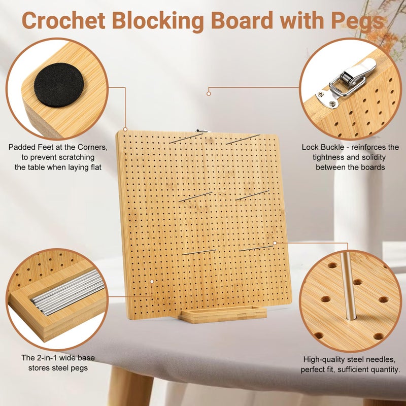 Aulin 15.5"" x 15.5"" Foldable Crochet Blocking Board with Pegs | 35 Stainless Steel Rod Pins - Upgrade Large Blocking Boards for Crochet Projects, Gifts for Crocheters, Mothers, Grandmothers - Image 4