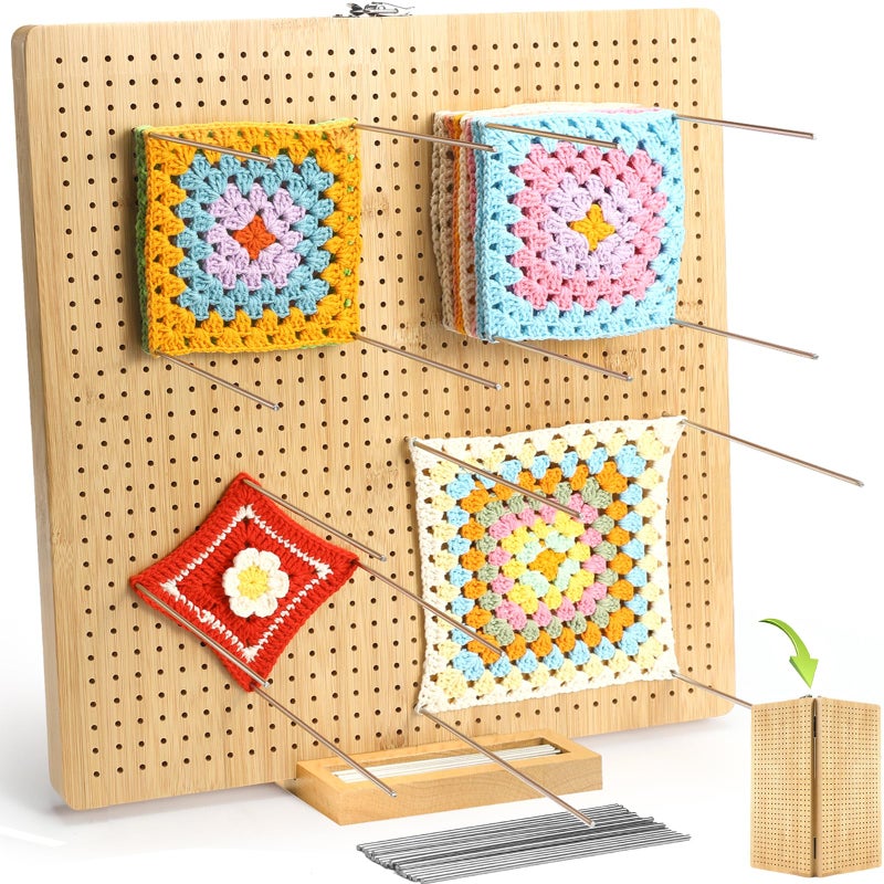 Aulin 15.5"" x 15.5"" Foldable Crochet Blocking Board with Pegs | 35 Stainless Steel Rod Pins - Upgrade Large Blocking Boards for Crochet Projects, Gifts for Crocheters, Mothers, Grandmothers - Image 1