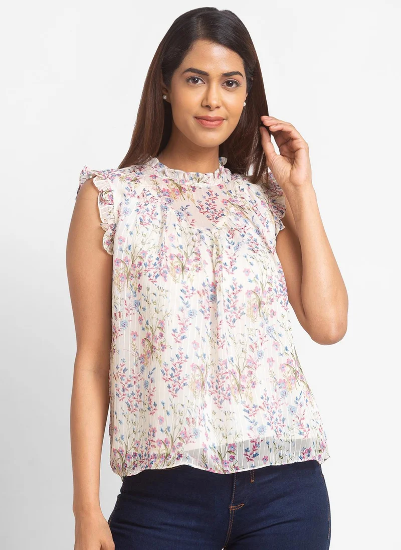 globus Globus Women Cream Floral Print High Neck Ruffled Top