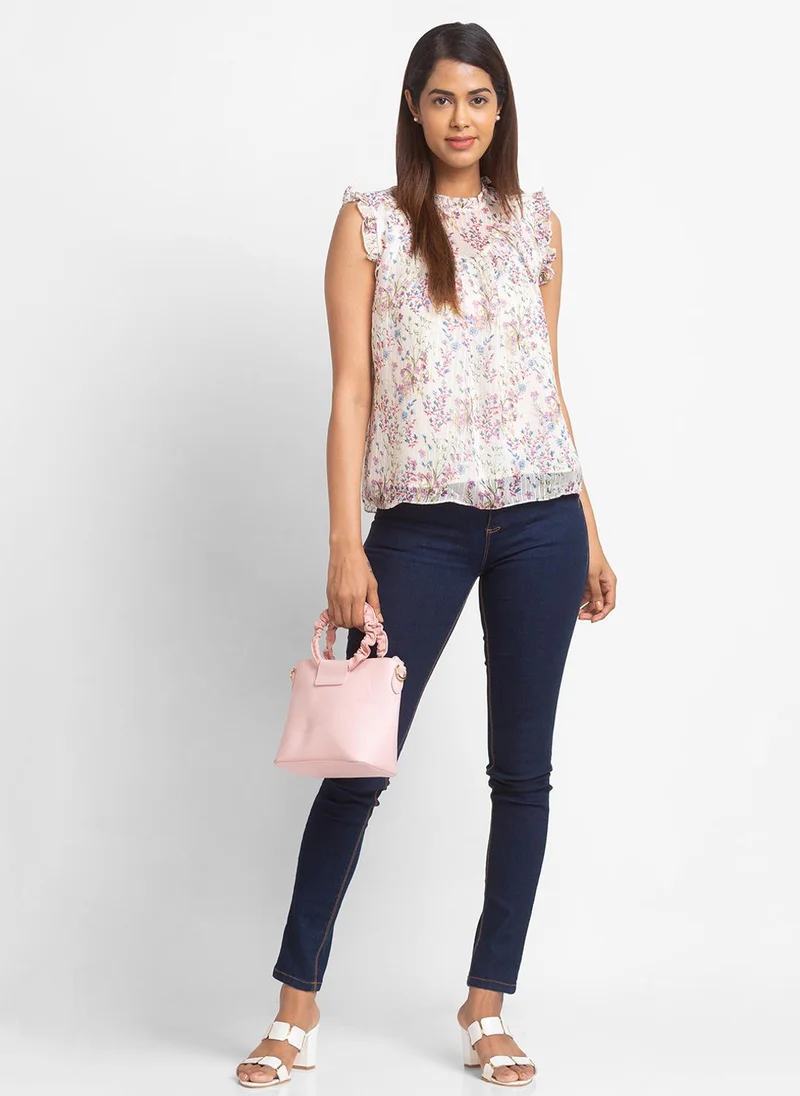 globus Globus Women Cream Floral Print High Neck Ruffled Top